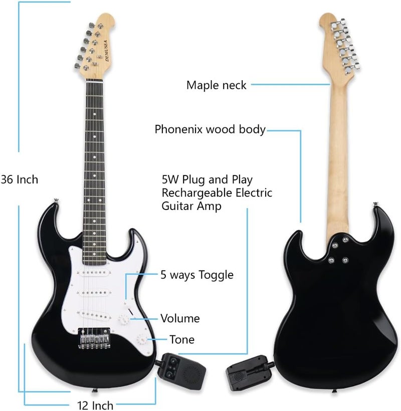 demusea 36 Inch electric guitar kit 3/4 mini short scale black color with portable 5W amplifier travel amp set sss pickups fixed bridge suitable for starter beginner practice with strap gigbag bundle(BKMI-30) - Image 2